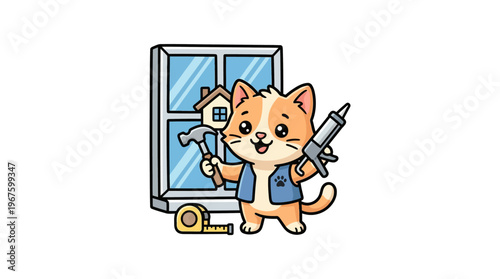Cartoon Cat Repairing A Window With Tools