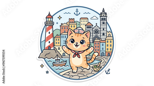 Cute Cat Sailor at Seaside Town