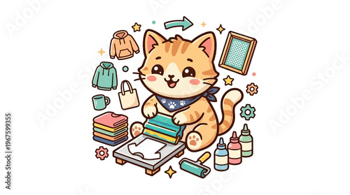 Cute Cat Doing Screen Printing On Clothing With Accessories