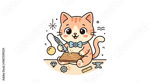 Cute Cartoon Cat Jeweler Working on Wood