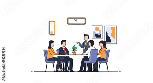 Five business professionals are seated around a meeting table with one man speaking in a white office room.