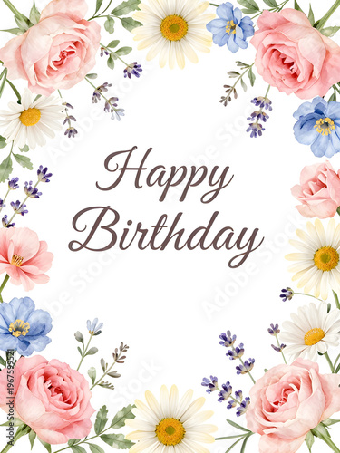 bright airy floral background, soft light, delicate flowers, minimal composition, clean birthday card