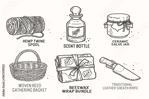 Hand Drawn Handmade Tools Set, Craft Supplies, Beeswax Wrap, Basket and Twine