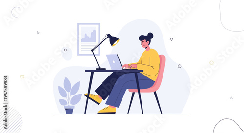 Young person working on laptop at desk in home office, illustration