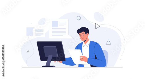 Man working on computer with documents, modern office illustration, business concept