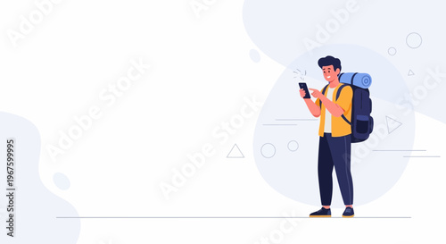 Young man with backpack using smartphone, travel planning, modern flat illustration