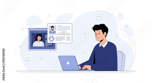 Man working on laptop with profile and resume on screen, online recruitment concept
