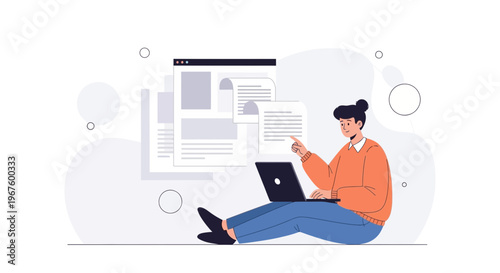 Young person working on laptop with documents floating in background, remote work concept