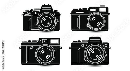 Four black silhouette icons depicting different styles of vintage cameras