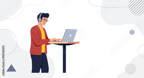 Young man with headphones working on a laptop at a standing desk, modern flat illustration