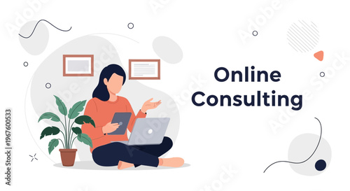 Online Consulting: Woman working remotely with laptop and tablet, home office setup