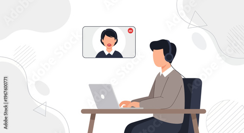 Online meeting: man with headphones on laptop, woman on video call screen