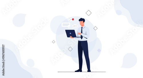 Businessman working on laptop with notifications and charts, modern office background