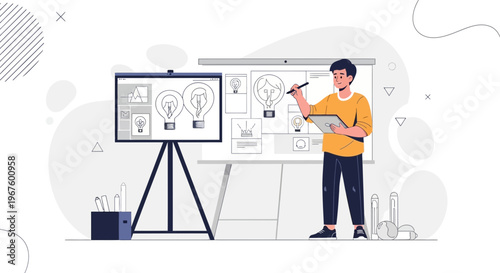 Designer creating new ideas, drawing lightbulbs on whiteboard and screen