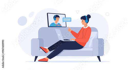 Woman on couch video calling friend with laptop, remote communication concept