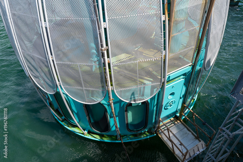 Historical pier at the Baltic seaside resort of Sellin with diving gondola. A famous tourist attraction on the island of Ruegen.