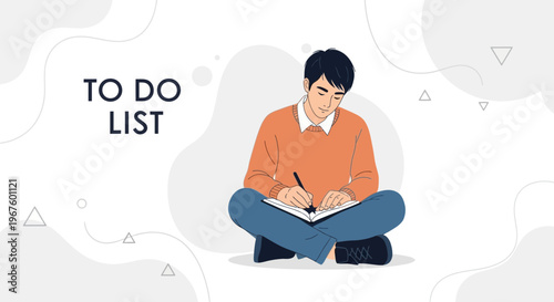 Young Man Writing To Do List Sitting Cross-legged, Planning Tasks, Goal Setting