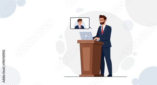 Businessman giving online presentation from podium with laptop and video call