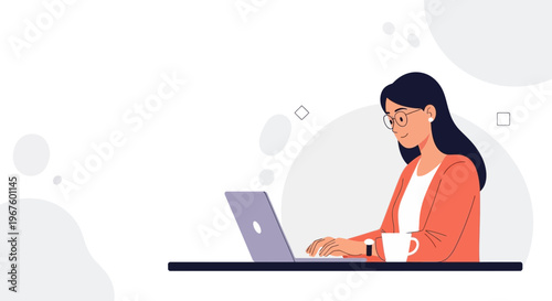 Young woman working on laptop, drinking coffee, modern office, remote work, business woman