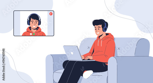 Young man in headphones on couch with laptop, video call with friend