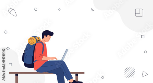 Young man with backpack working on laptop outdoors, digital nomad concept