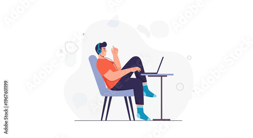 Man with headphones on chair, working on laptop, relaxed lifestyle, modern illustration