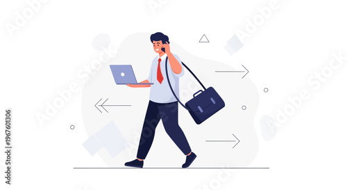 Busy businessman walking and talking on phone with laptop and briefcase