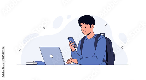 Young student with backpack using laptop and smartphone, studying or working remotely