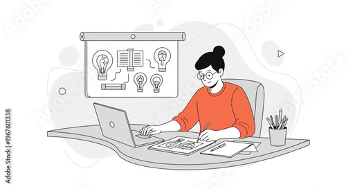 Creative designer working on ideas, brainstorming, and developing concepts at desk with laptop