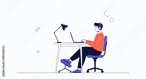 Man Working on Laptop with Headphones at Desk, Focused on Online Task