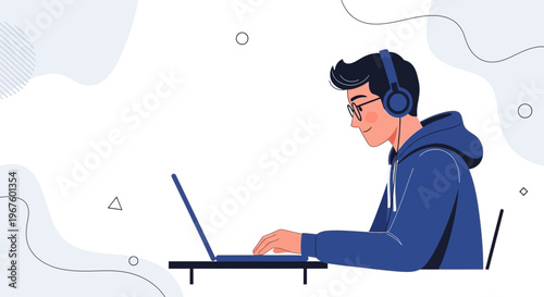 Young man with headphones working on laptop, focused on coding or studying, modern illustration