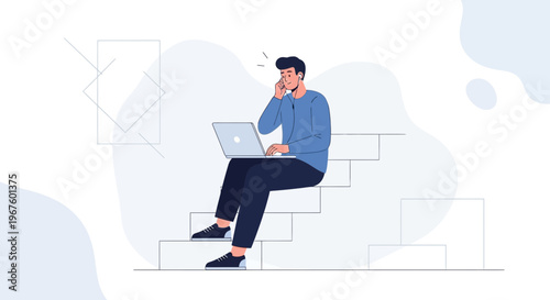 Man on Stairs with Laptop and Phone, Working Remotely, Modern Office Illustration