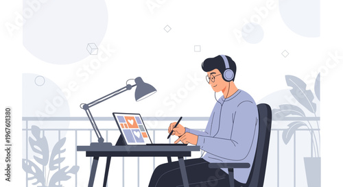 Young man working on a tablet with headphones, creative workspace, modern illustration