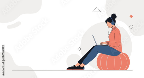 Woman with headphones working on laptop, sitting on beanbag, modern flat illustration