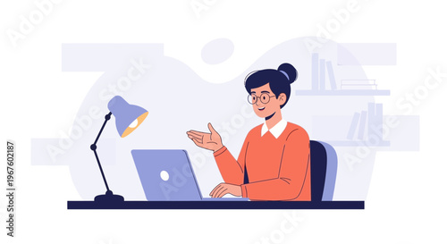 Woman working on laptop at desk with lamp, online communication, remote work concept