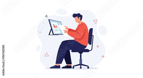 Man analyzing charts on tablet while sitting at desk, business analytics concept