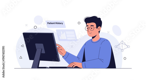 Doctor reviewing patient history on computer, medical data analysis, healthcare technology concept