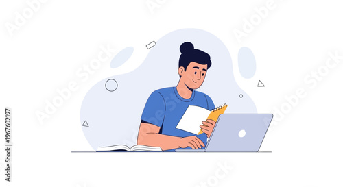 Young man studying with laptop and book, modern flat illustration