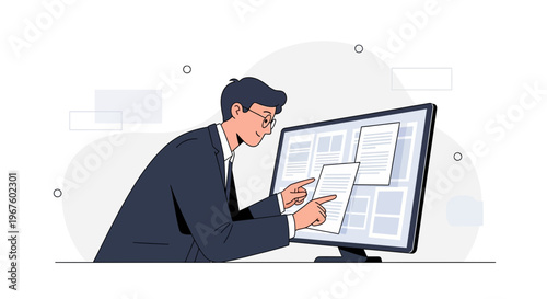 Businessman analyzing documents on a computer screen, modern office concept
