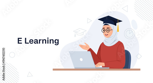 Muslim student in hijab with graduation cap studying online with laptop, e-learning concept