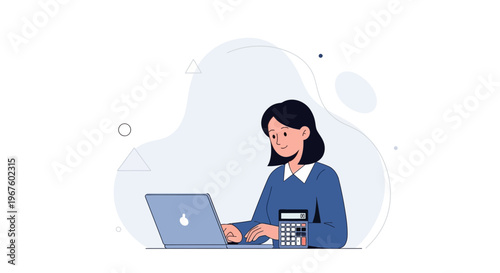 Woman working on laptop with calculator, accounting and finance concept, flat design
