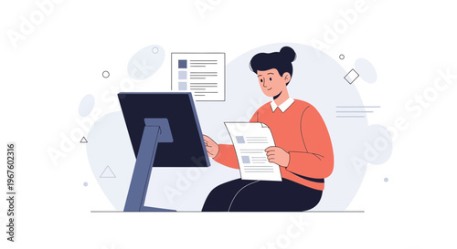 Focused person working on computer, reviewing documents, modern flat illustration