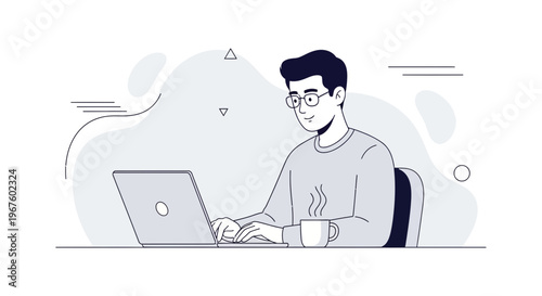 Man working on laptop with coffee, modern flat illustration, remote work concept