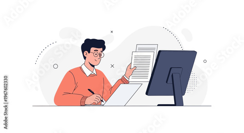 Man working on computer with documents, studying, writing, modern office illustration