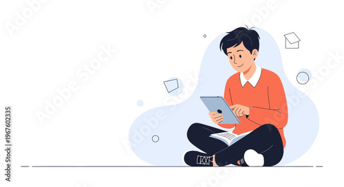 Young man sitting cross-legged with tablet and book, modern flat illustration
