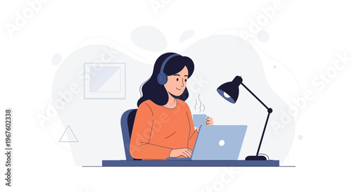 Woman working from home with laptop, headphones, and coffee, illustration