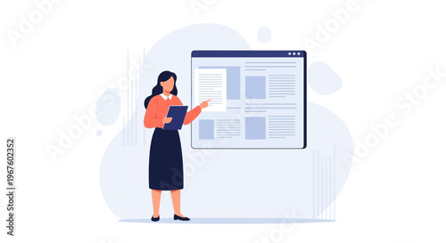 Woman presenting data on a digital screen, business presentation, infographic, planning