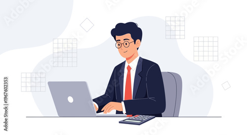 Business Man Working on Laptop with Calculator and Financial Charts in Background