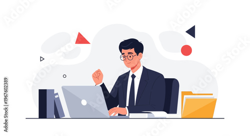 Successful businessman working on laptop, celebrating achievement at office desk with files