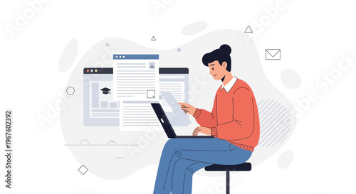 Young man working on laptop with documents and online education interface